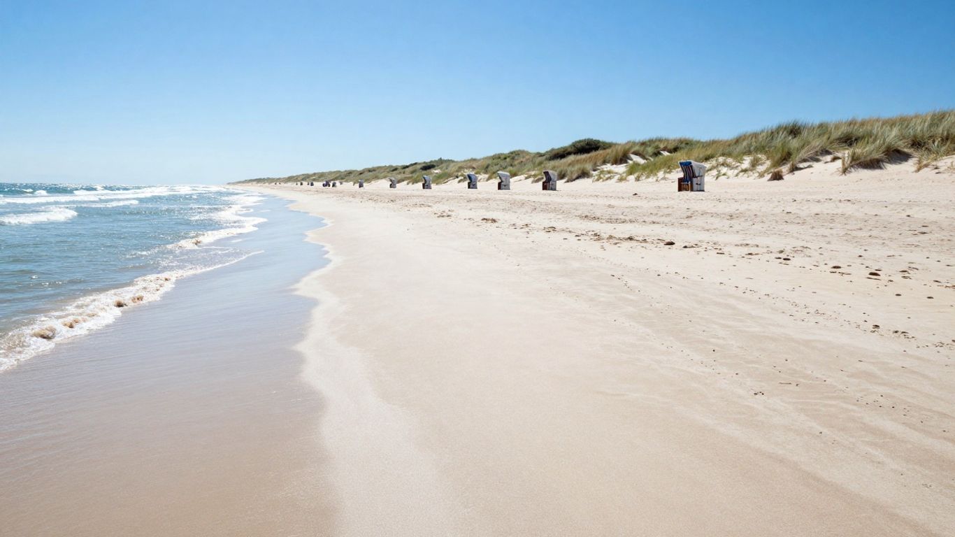 Expansive sandy beach with calm waves and distant dunes.