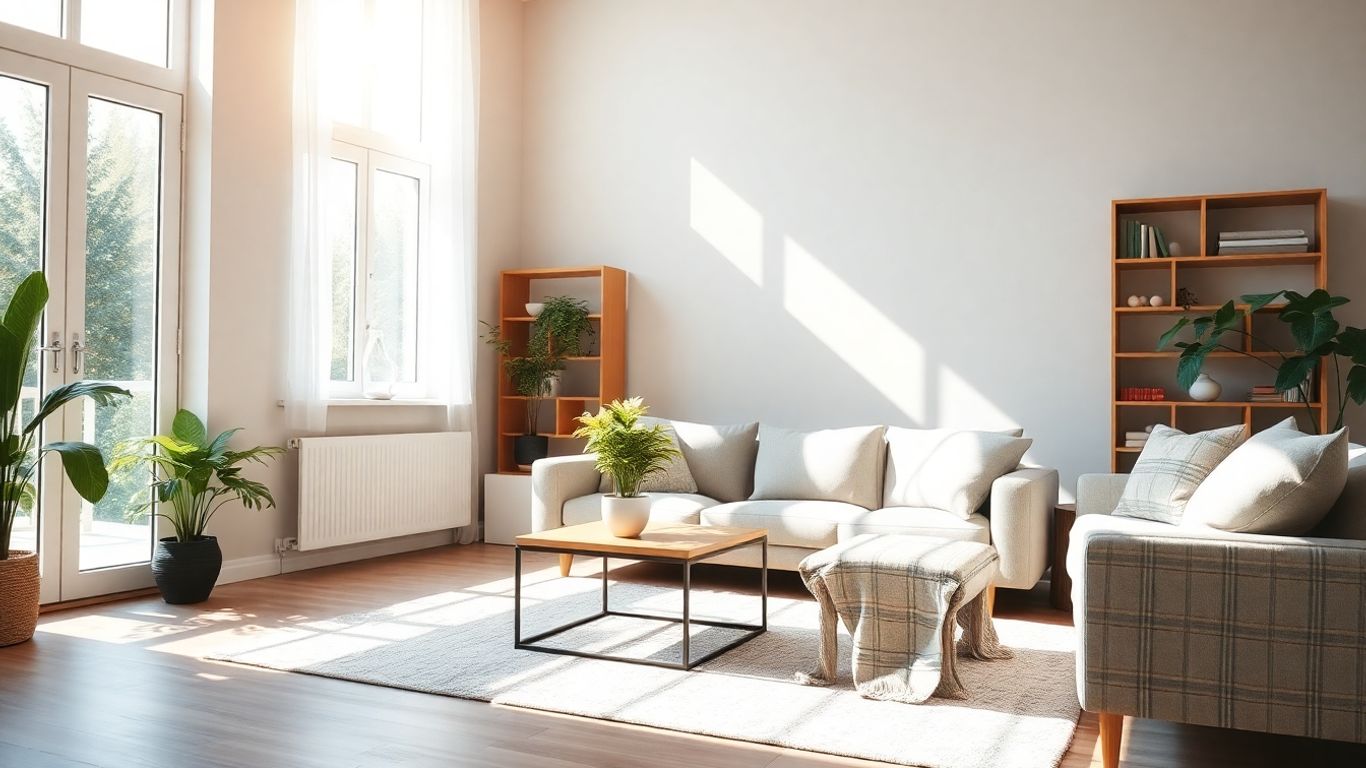 Sala de estar luminosa con sofá cómodo y planta.