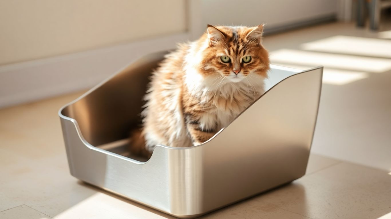 Stainless steel cat litter box with a cat nearby.