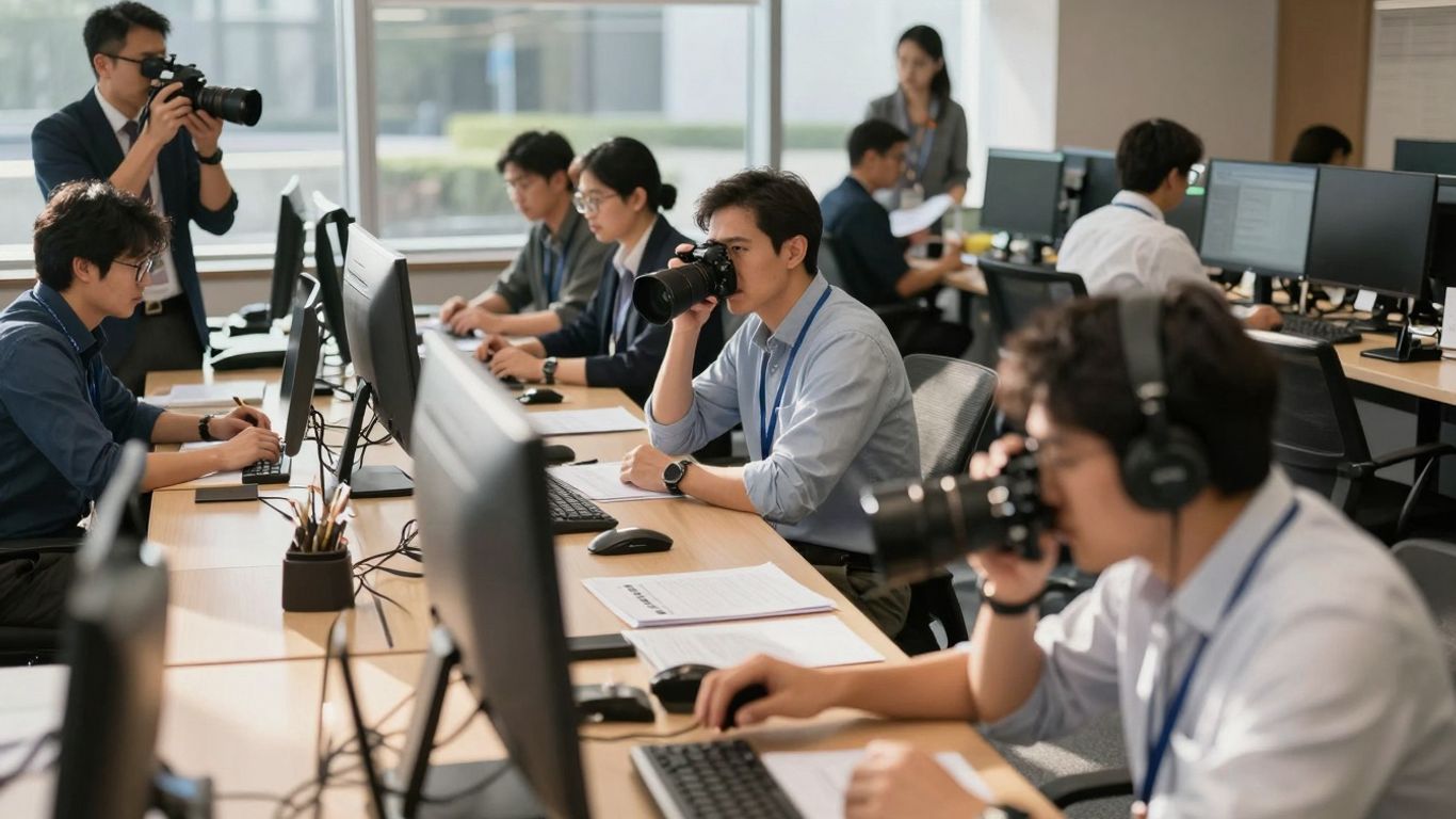 Financial newsroom with professionals working.