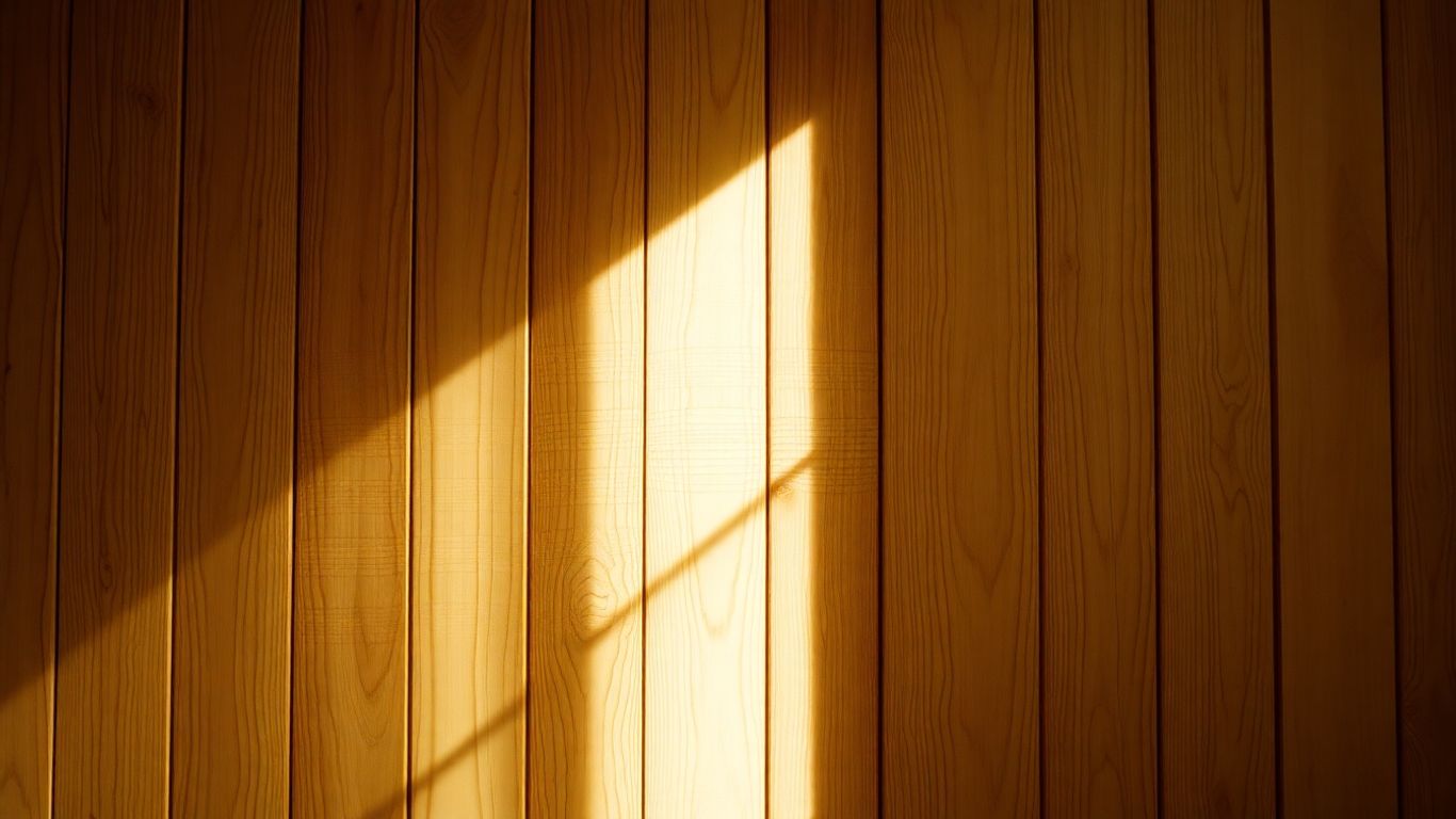 Perete din lemn natural, texturat, cu lumină caldă.