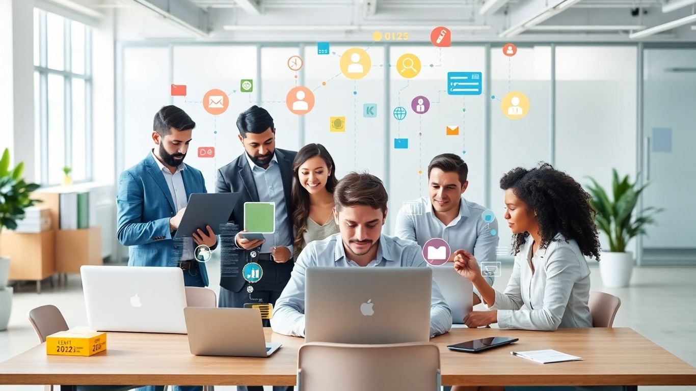 Small business owners using tech tools in modern office