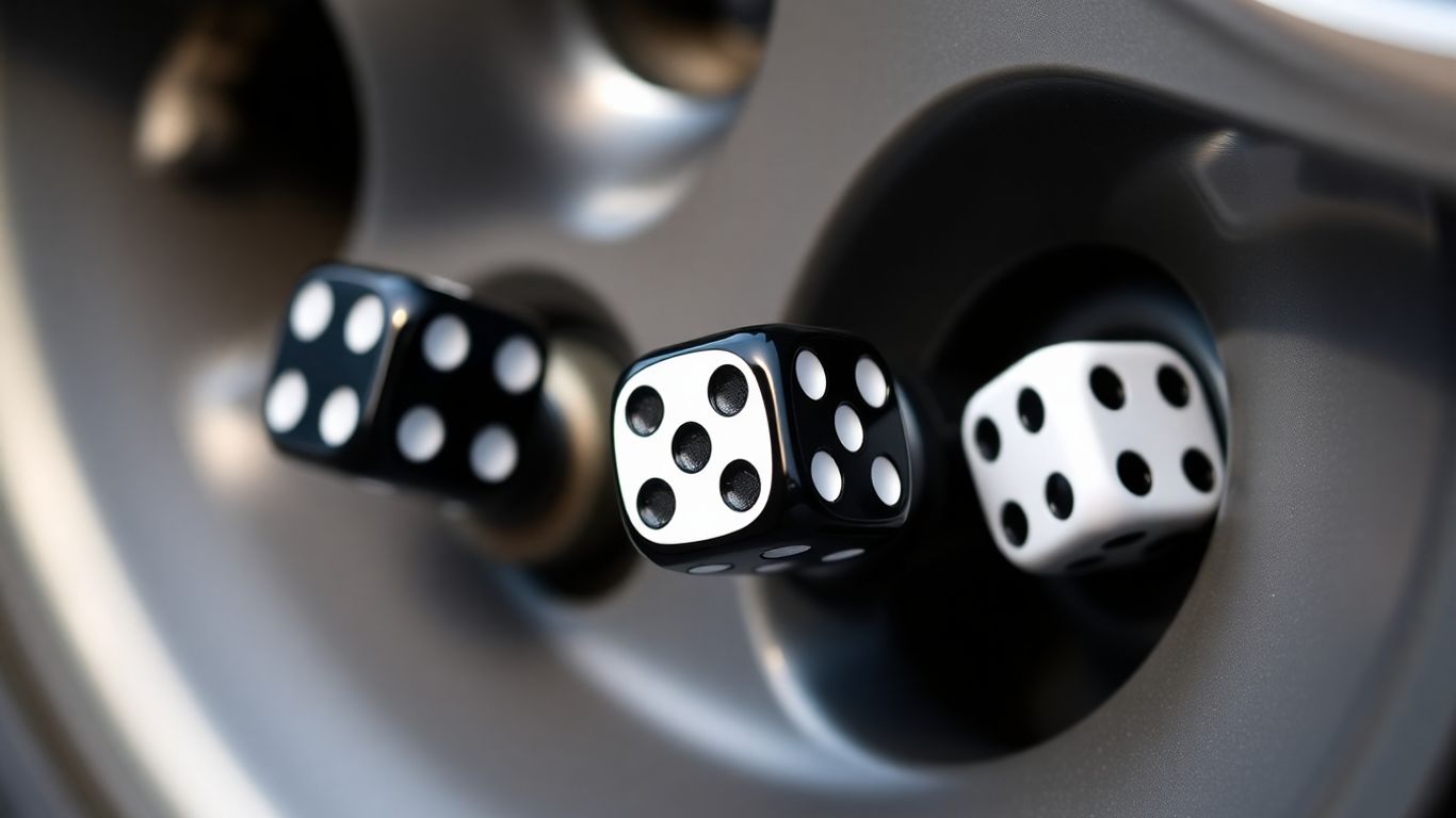 Dice shaped tire valve caps on a car tire.