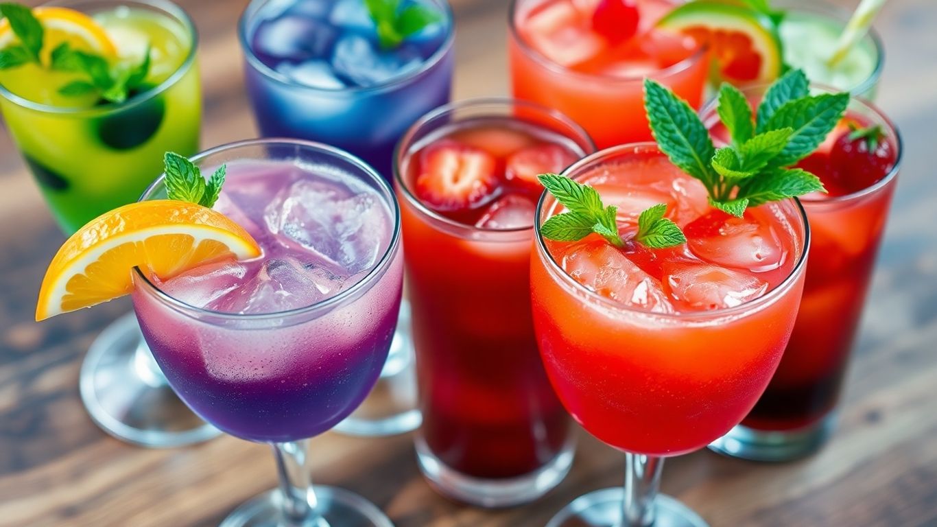 Bunte Cocktails mit Früchten und Minze garniert.