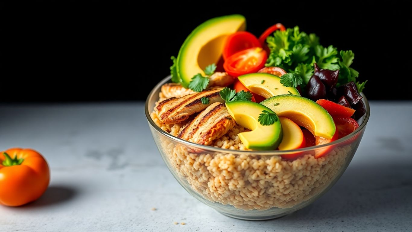 High protein lunch bowl with chicken, quinoa, and vegetables.