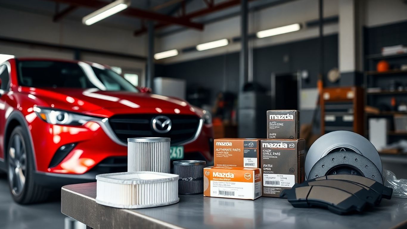 OEM Mazda spare parts near a red Mazda car.