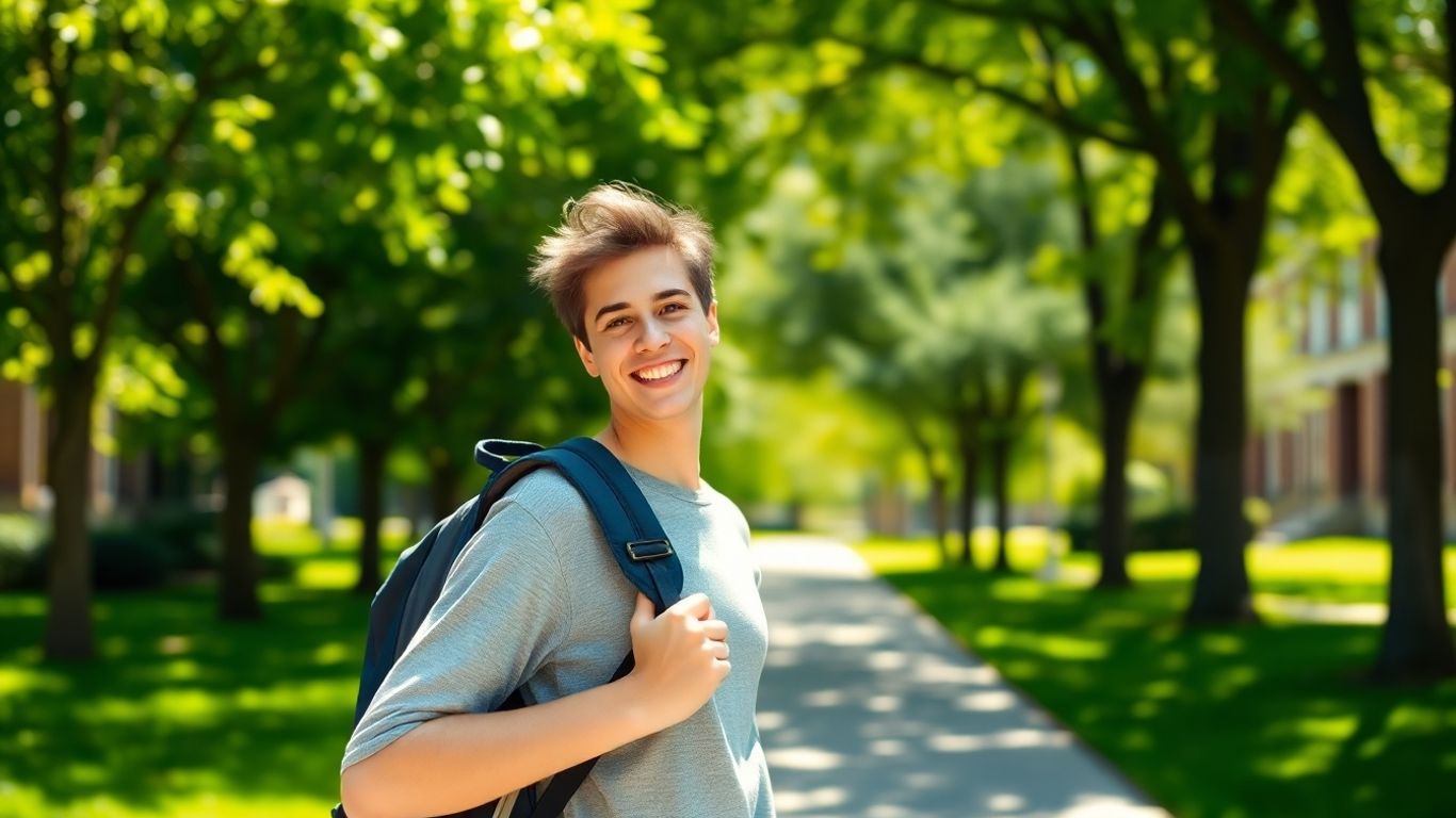 Student jogging on campus path with energetic smile.