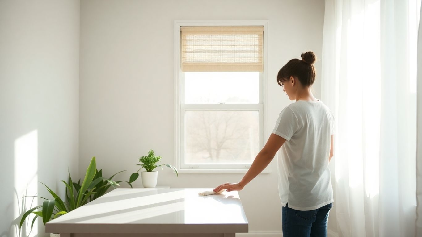 Person cleaning a bright room, promoting well-being.