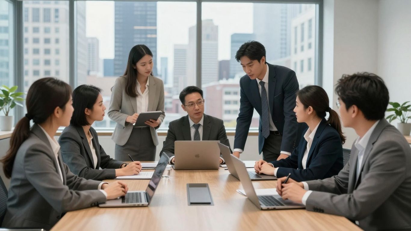 Business professionals meeting in a Chicago office with city view.