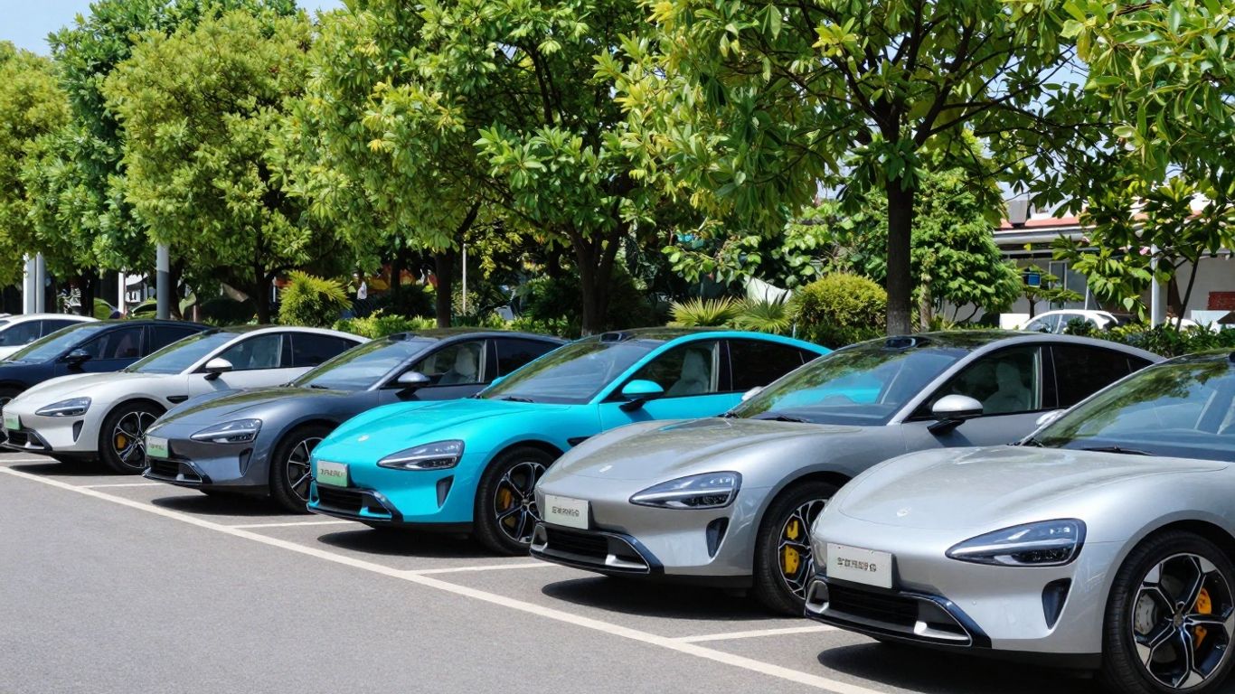 Affordable electric cars parked on a sunny street.
