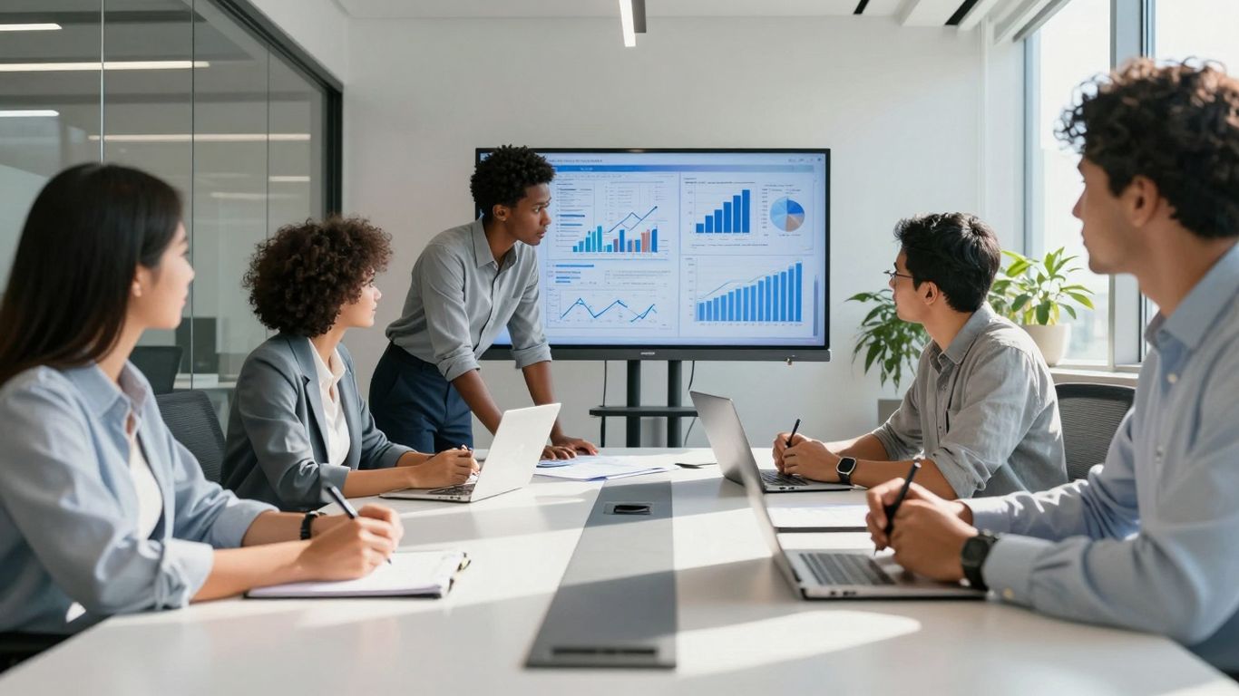 Team of professionals collaborating in a modern office.