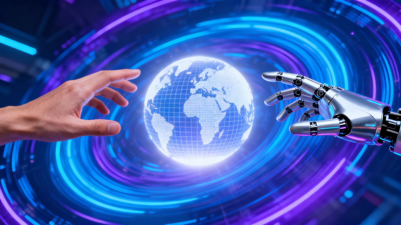 Human and robot hands reach for glowing digital globe