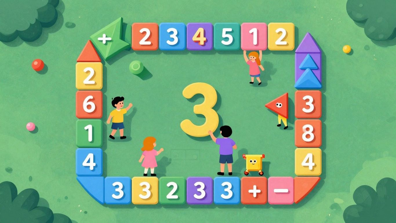 Colorful math game elements with playful characters.