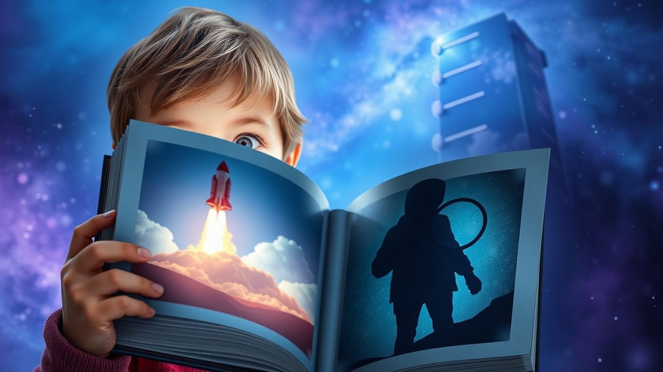 Child reading a glowing book of sci-fi and mystery.