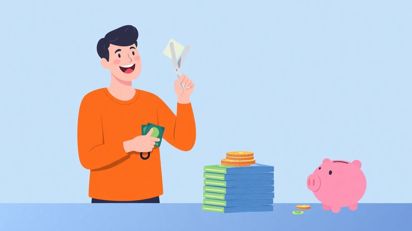 Pessoa cortando cartões de crédito e organizando dinheiro.