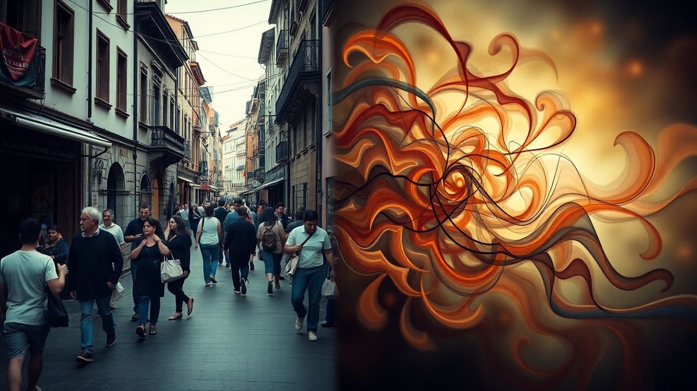 Oamenii pe stradă și influențe abstracte.