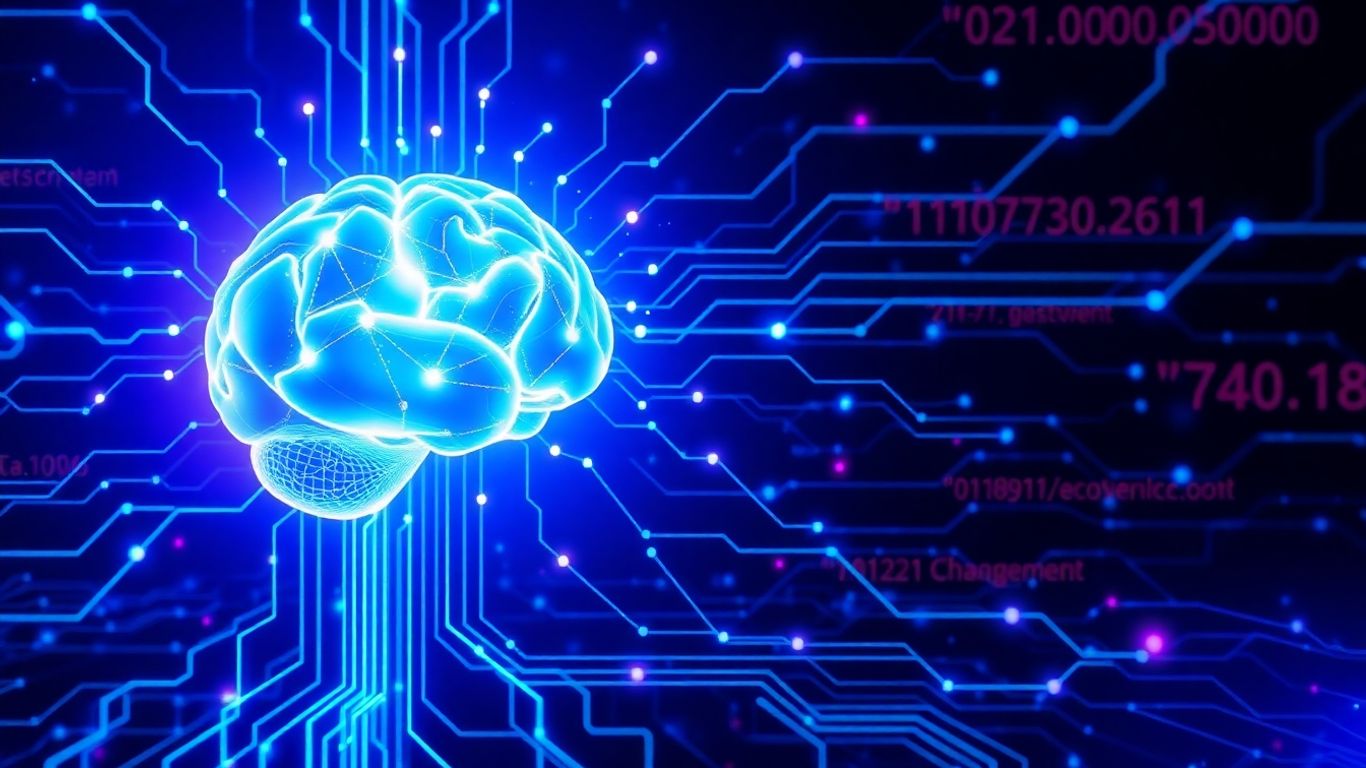 AI interface with glowing data streams and neural network patterns.