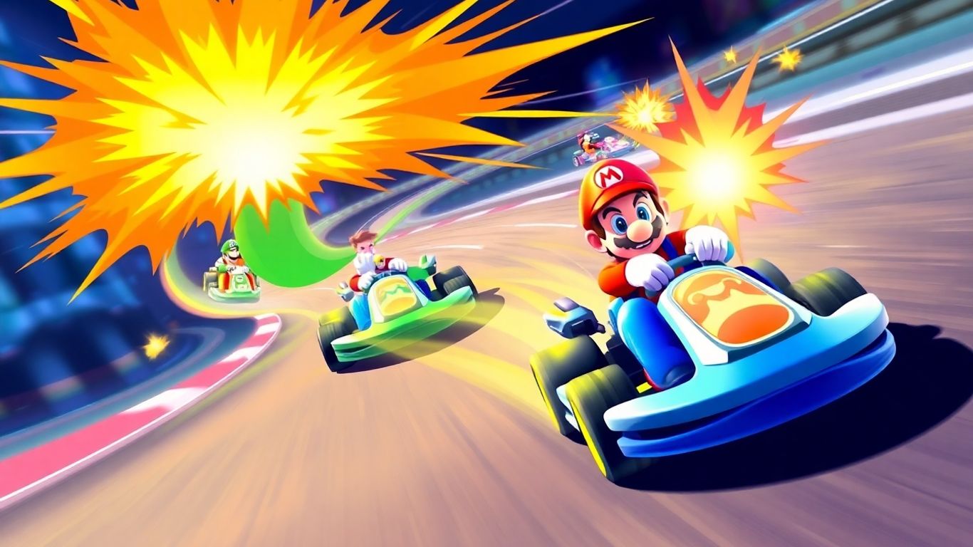 Mario Kart Tour characters racing on a colorful track.