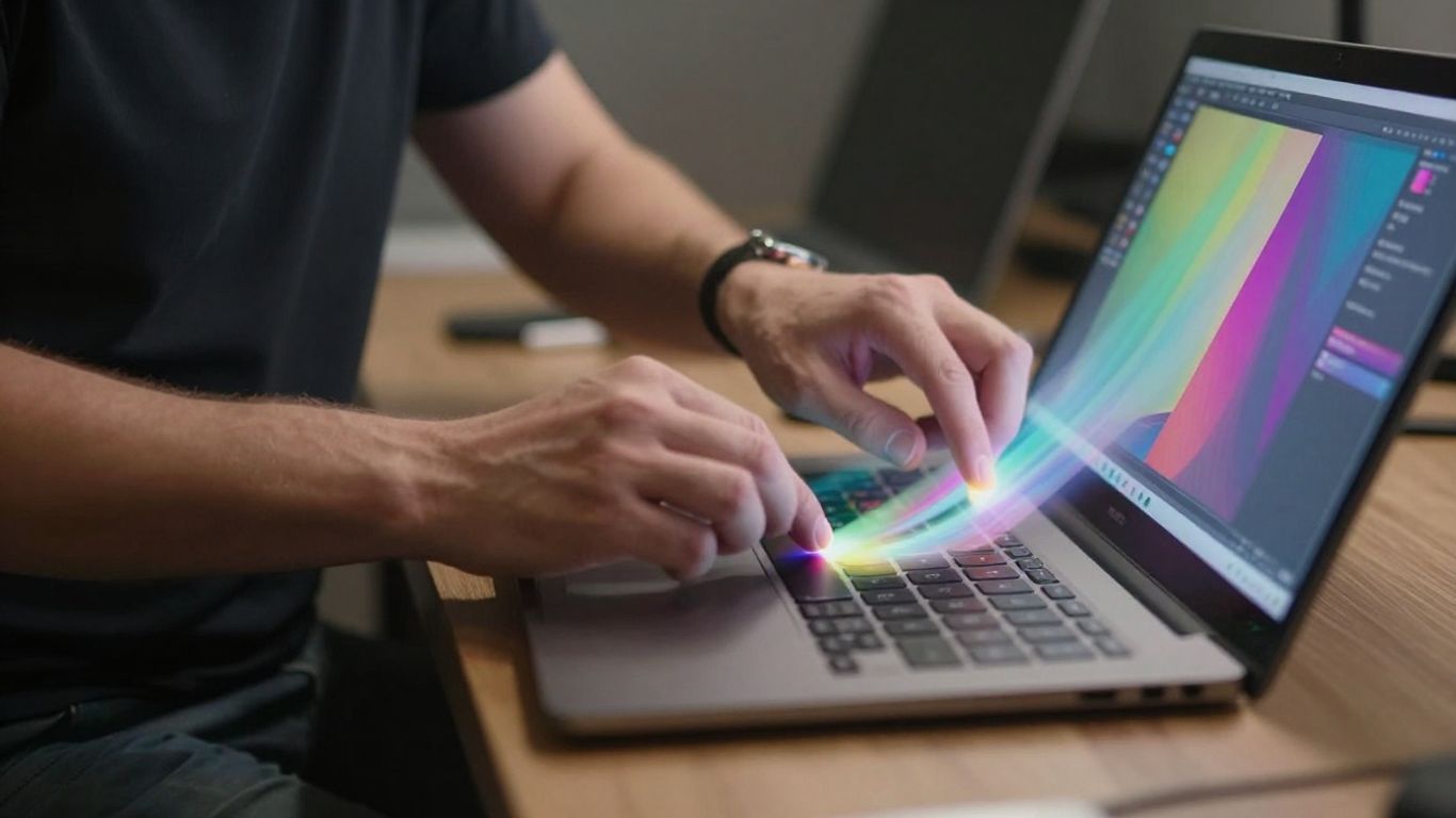 Hands creating video from images on a screen.