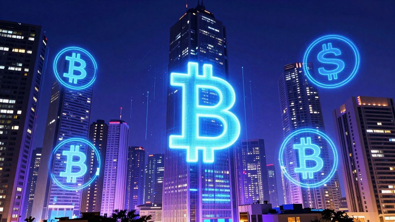 Futuristic cityscape with glowing cryptocurrency symbols.