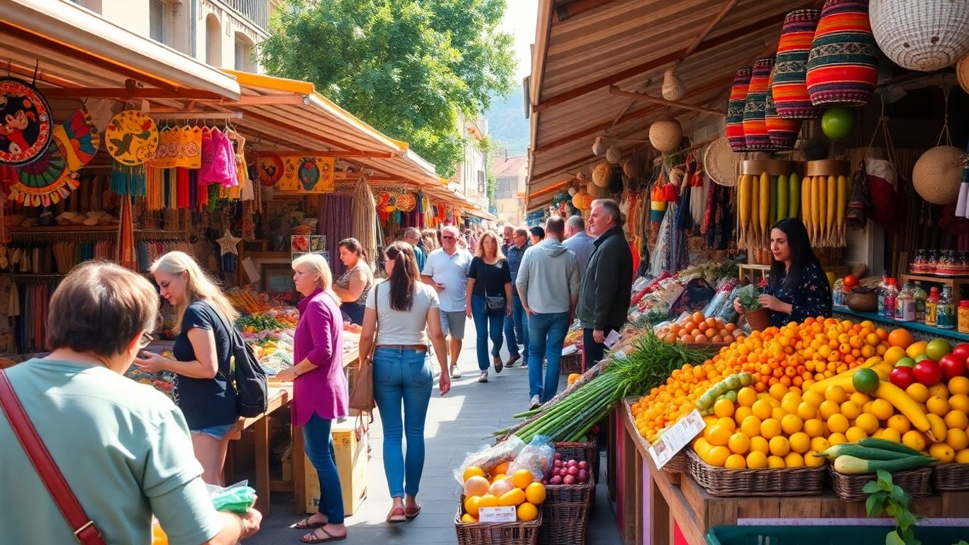 Piață locală vibrantă cu produse proaspete și suveniruri autentice.