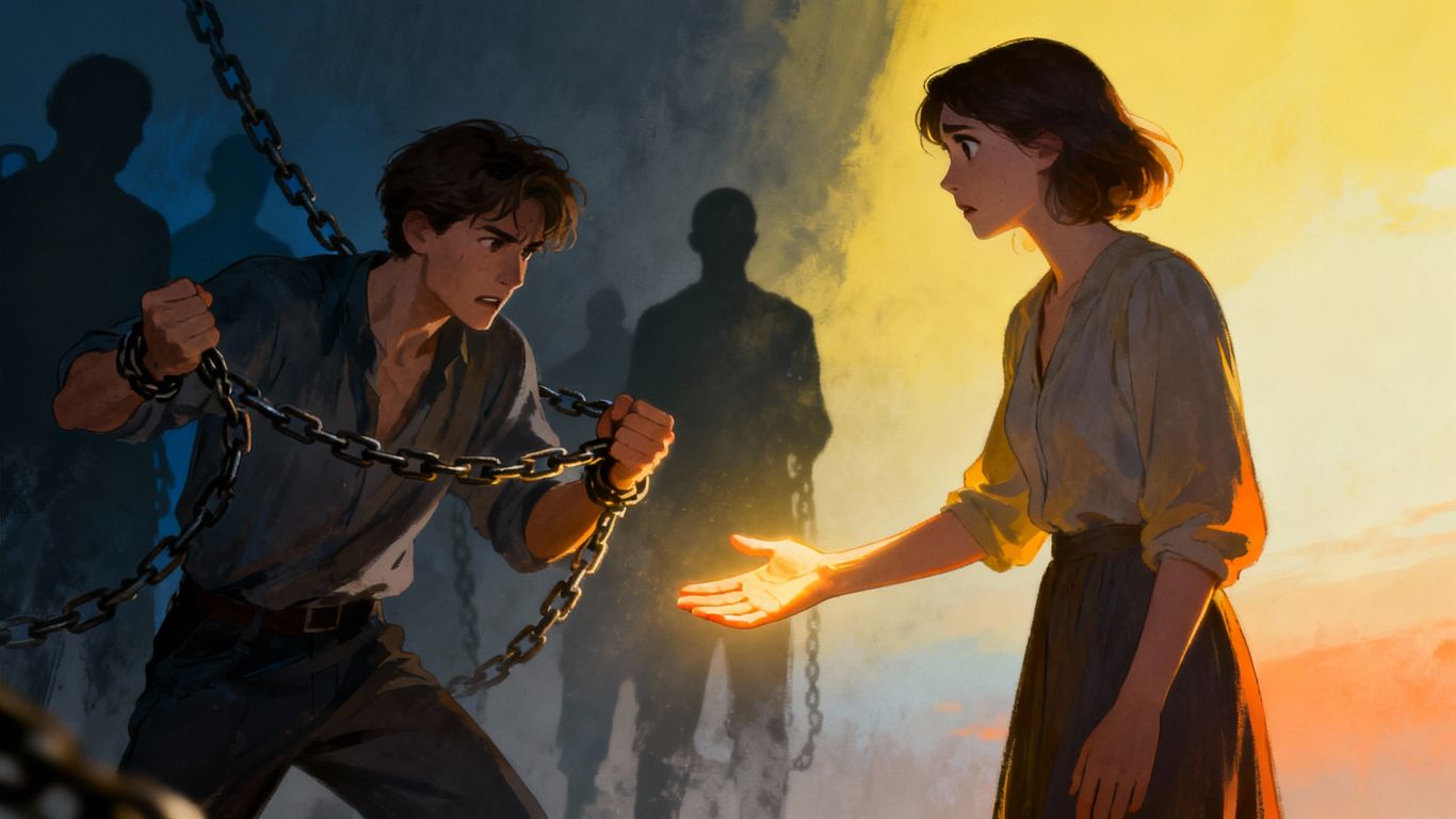 Couple breaking free from societal chains towards true love.