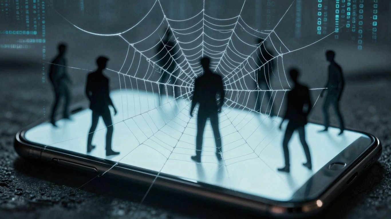 Predator spyware attacking a smartphone with a digital spiderweb.