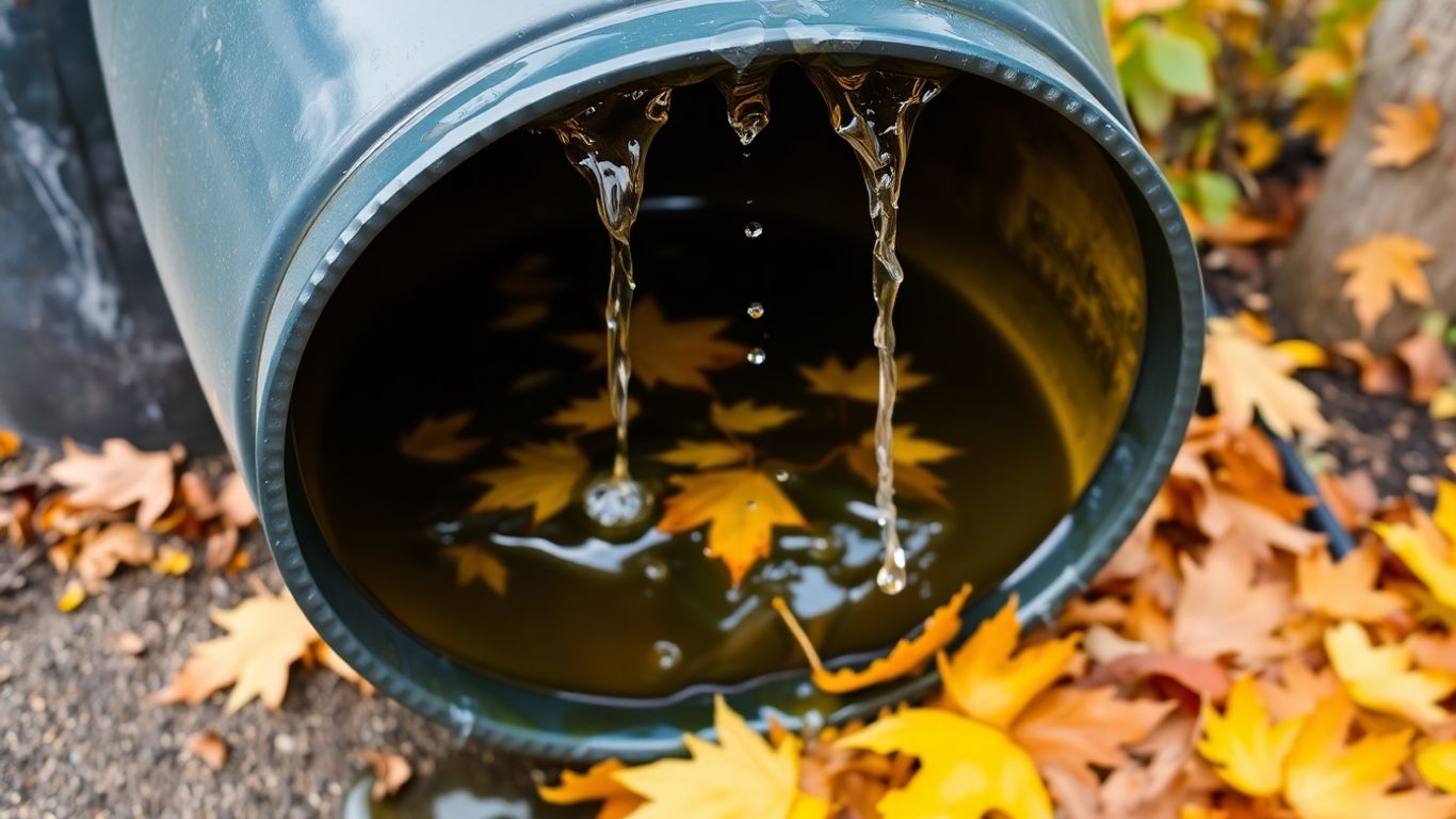 Regentonne im Herbst mit Laub und Wasser