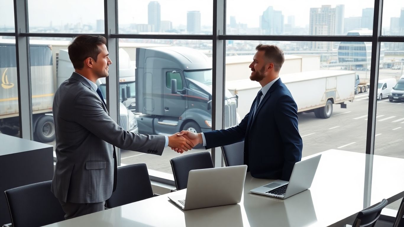 Two people shake hands in trucking office setting.