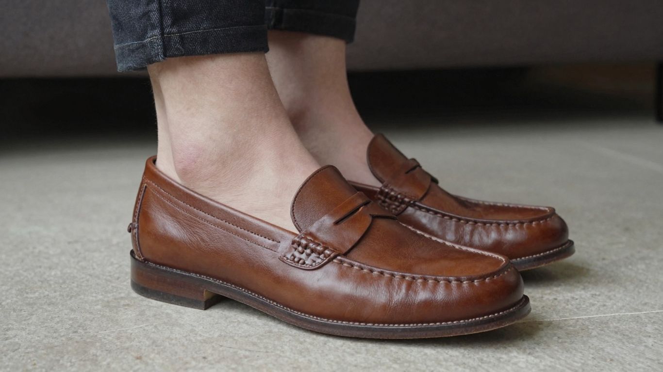 Close-up of perfectly fitting penny loafers on feet.
