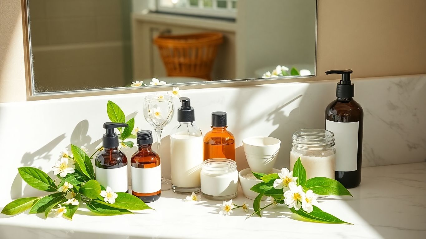 Natural skincare products with plants on a counter.