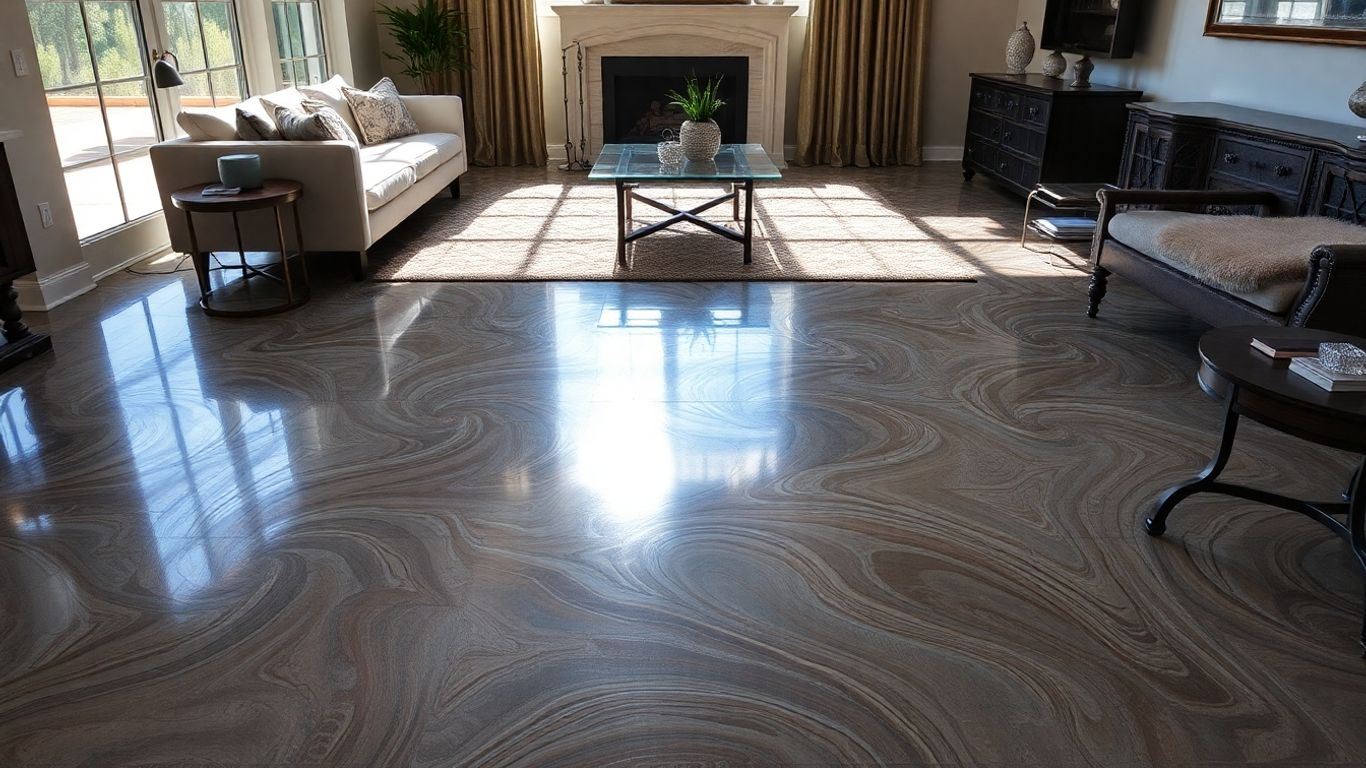 Metallic epoxy floor in a modern Hill Country living room.
