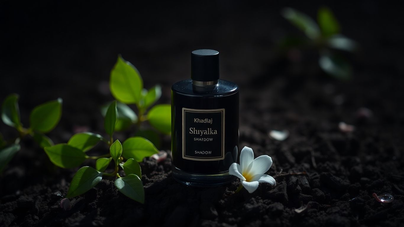 Perfume bottle nestled amongst dark soil and leaves.