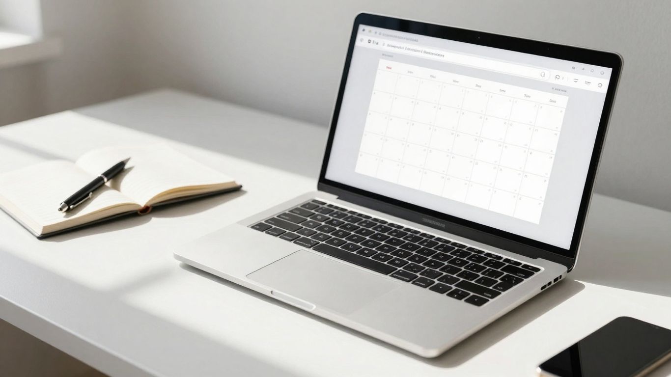 Desk with calendar app, notebook, and pen.