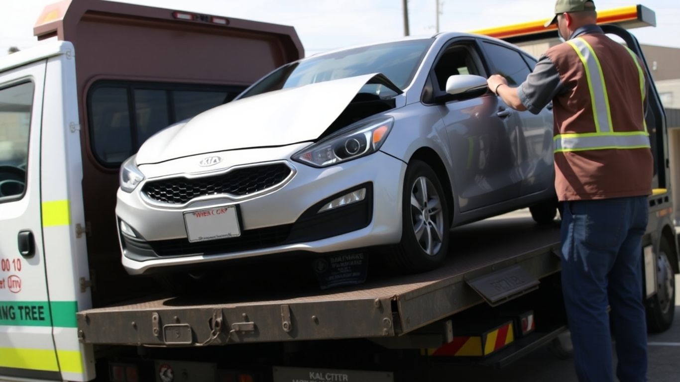 Kia car being towed by a wrecker truck.