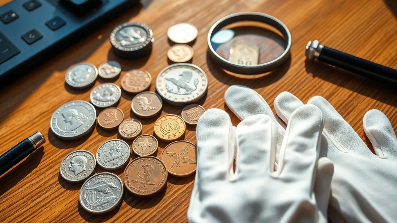 Rare coins with magnifying glass on wooden table