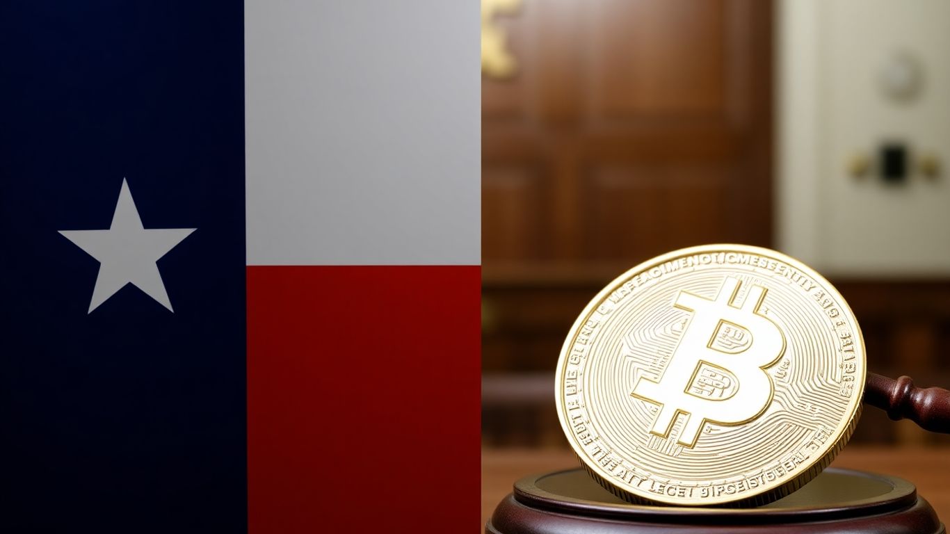 Texas flag and cryptocurrency coin with a gavel.