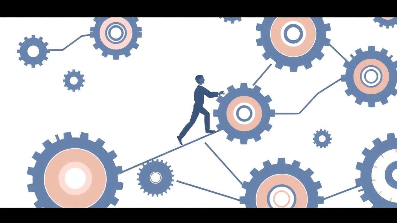 Person navigating interconnected gears and pathways