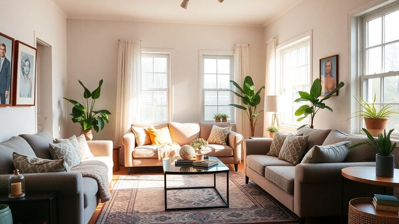 Stylish Airbnb living room with furniture and decor.