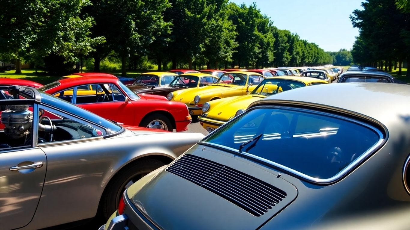 Classic air-cooled Porsche 911s at an outdoor car show.