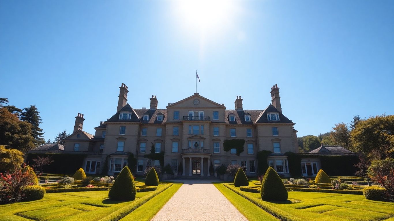 Elegant manor estate with gardens under a sunny sky.