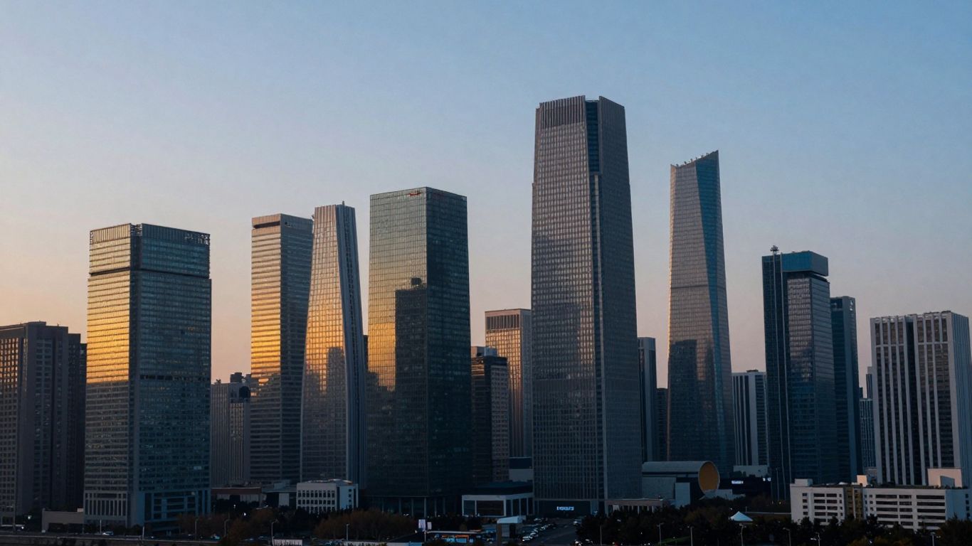 Cityscape at dawn with glowing skyscrapers.