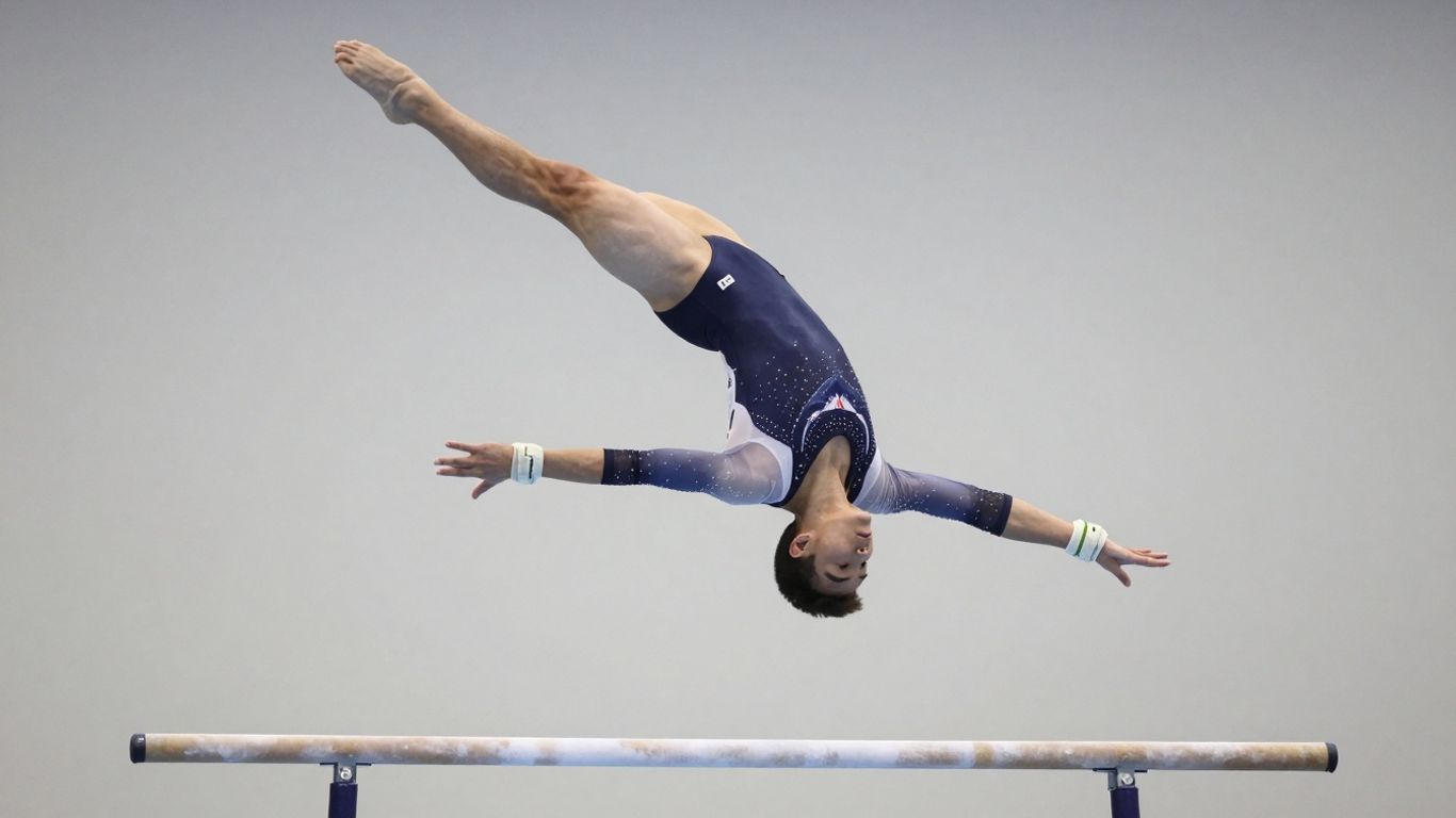 Gimnastă artistică în acțiune pe un aparat.