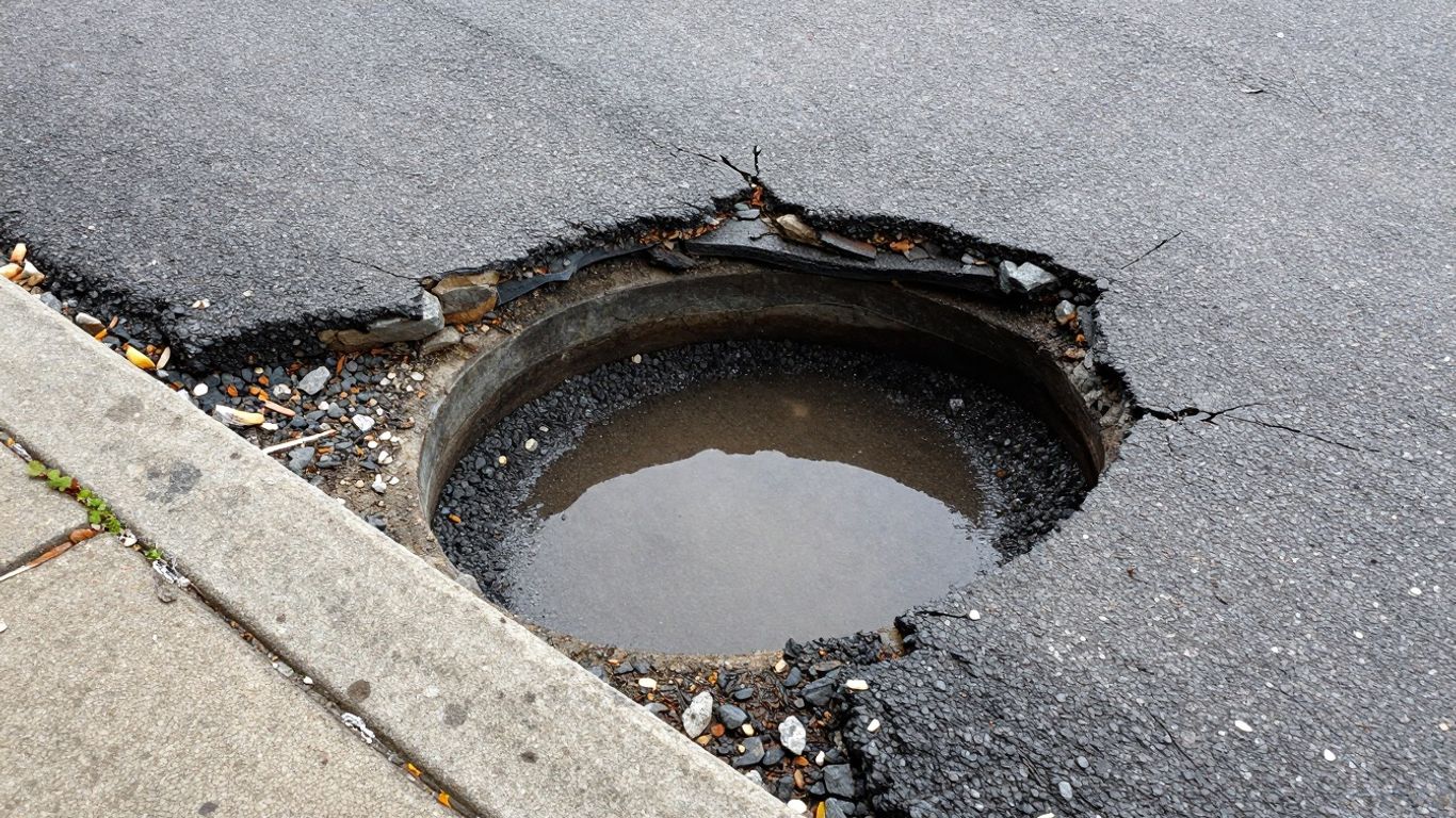 Cracked asphalt driveway with a deep pothole.