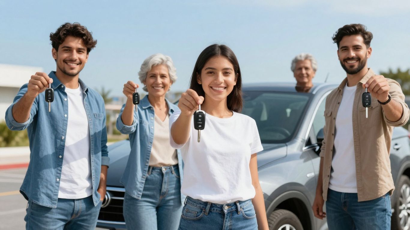 Drivers holding keys with a new car in the background.