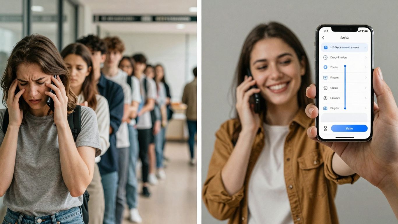 Person frustrated by long phone queue vs. easy IVR navigation.