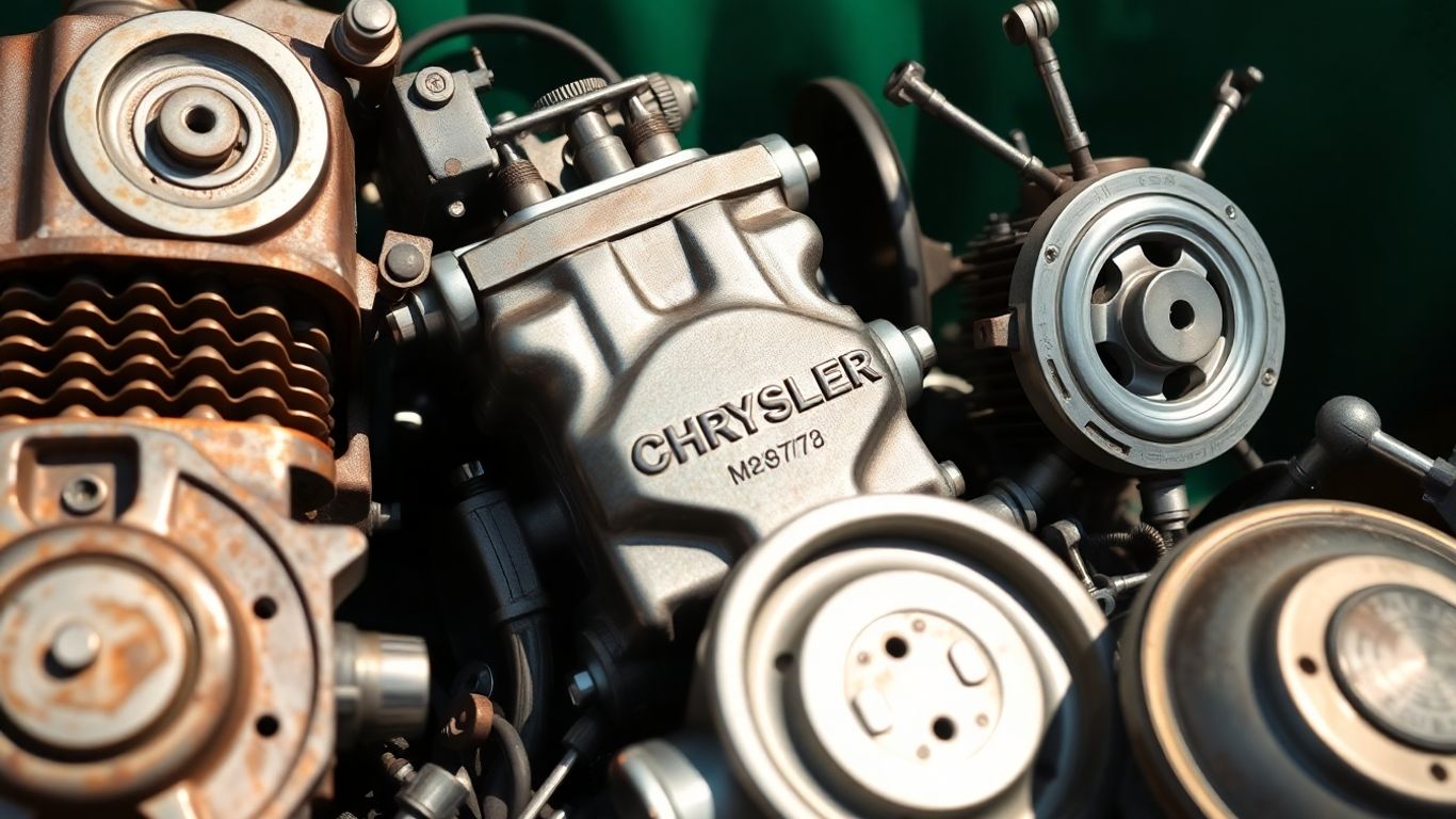 Recycled Chrysler car parts arranged for reuse.