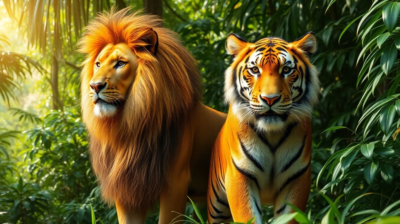 Löwe und Tiger im Dschungel