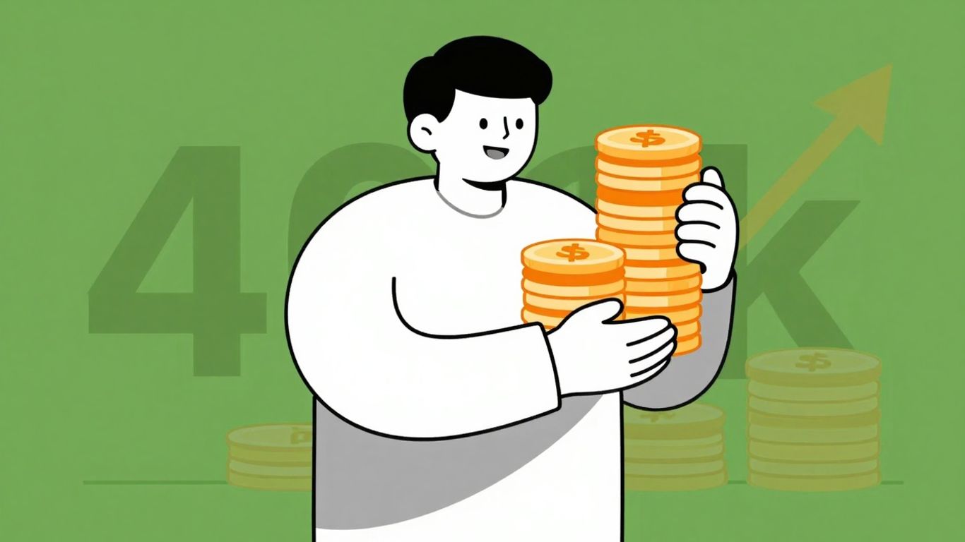 Cartoon person holding coins with 401(k) logo.