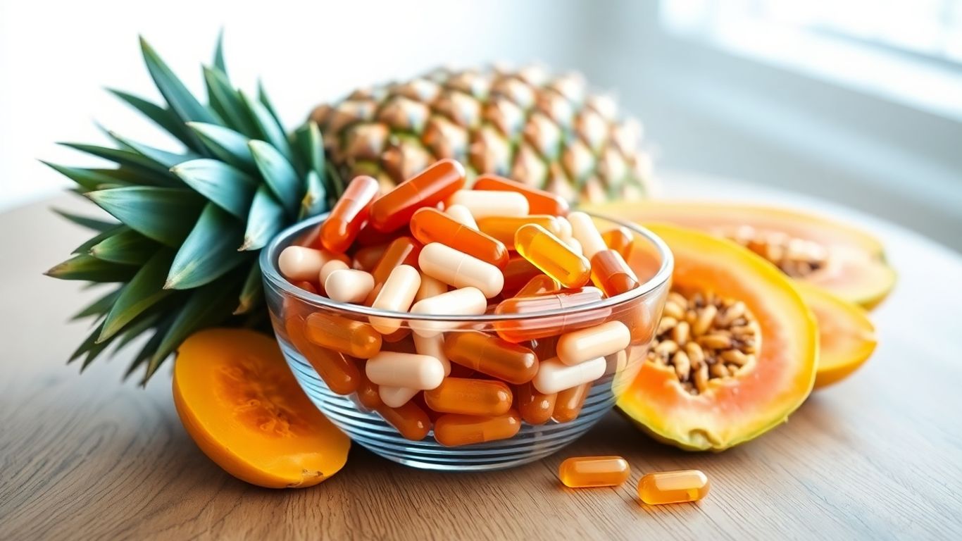 Digestive enzyme capsules with pineapple and papaya fruits